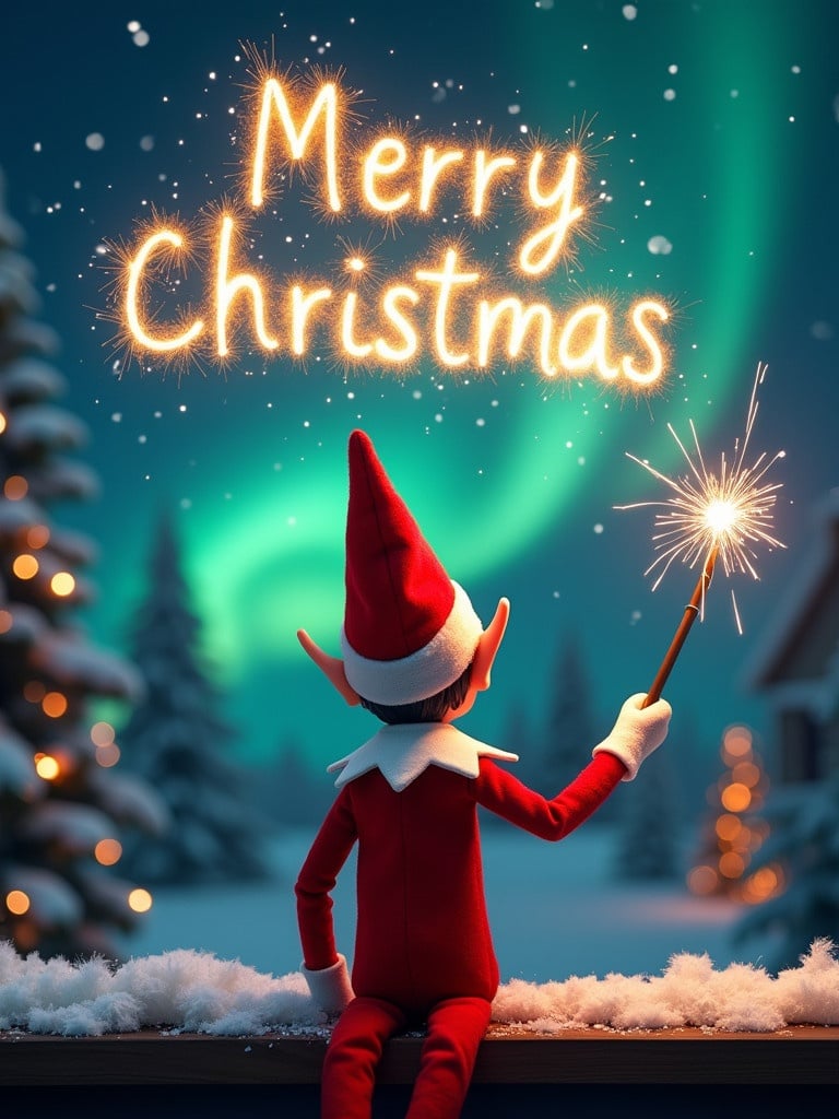 An enchanting Christmas scene with an elf on the shelf facing the sky. The elf is dressed in red and white, holding a magic wand to write 'Merry Christmas Milan, Rodrigo, Angellee and Delilah' in sparkler script. Background features vibrant northern lights and a festive atmosphere.