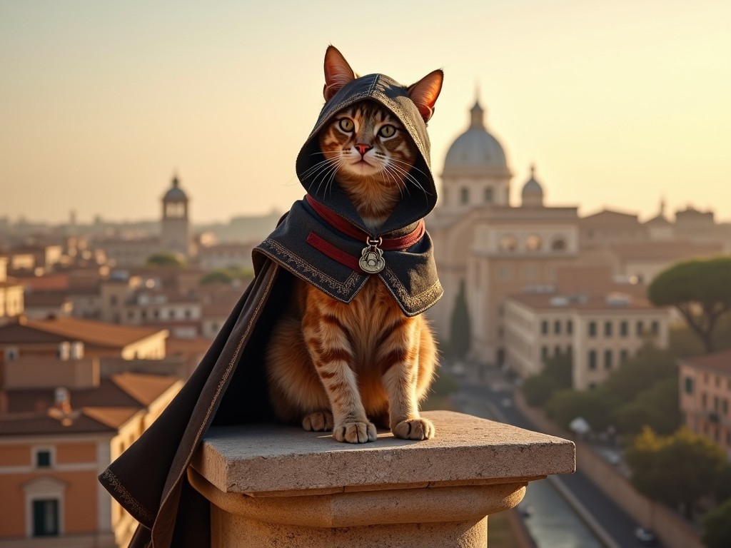 This captivating image features a ginger cat dressed in a dark, medieval-style cloak, sitting majestically on a stone ledge. The background reveals a stunning view of a European city with iconic architectural structures and domed buildings bathed in warm, golden sunset hues. The cat, with its focused gaze, exudes an air of mystery and nobility, as if it were guarding the ancient city below.