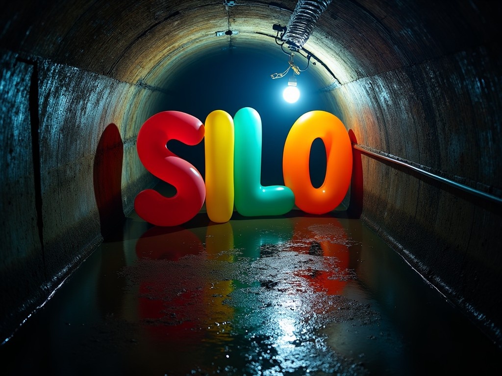 The image features large, colorful balloon letters that spell 'SILO' positioned in a dimly lit tunnel. The letters are a mix of red, yellow, and green hues and are reflective in the moist environment. A single light bulb hangs from the ceiling, casting a glow on the wet ground that enhances the colors of the letters. The tunnel has a rustic, industrial feel, with textured, concrete walls. The scene creates an unexpected contrast between the playful balloons and the gloomy tunnel setting.