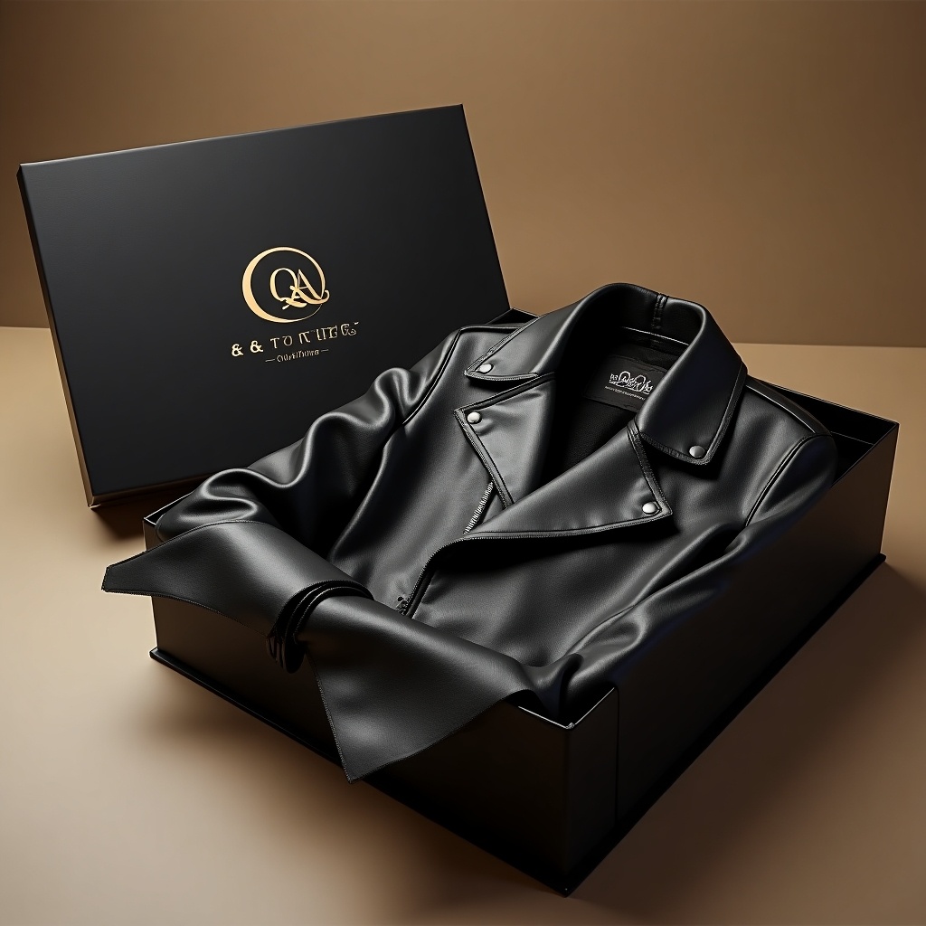 The image features a luxurious black leather jacket elegantly wrapped in a stylish packaging from Q & A Clothing. The packaging consists of a sleek black box adorned with gold accents, showcasing the Q & A Clothing logo in a modern font. Inside, delicate tissue paper partially covers the jacket, with edges slightly folded to create a luxurious unboxing experience. Soft, warm lighting bathes the scene, enhancing its sophistication. The background is simple, using neutral tones to keep the focus on the jacket and its elegant packaging. This presentation conveys a sense of premium quality and exclusivity.