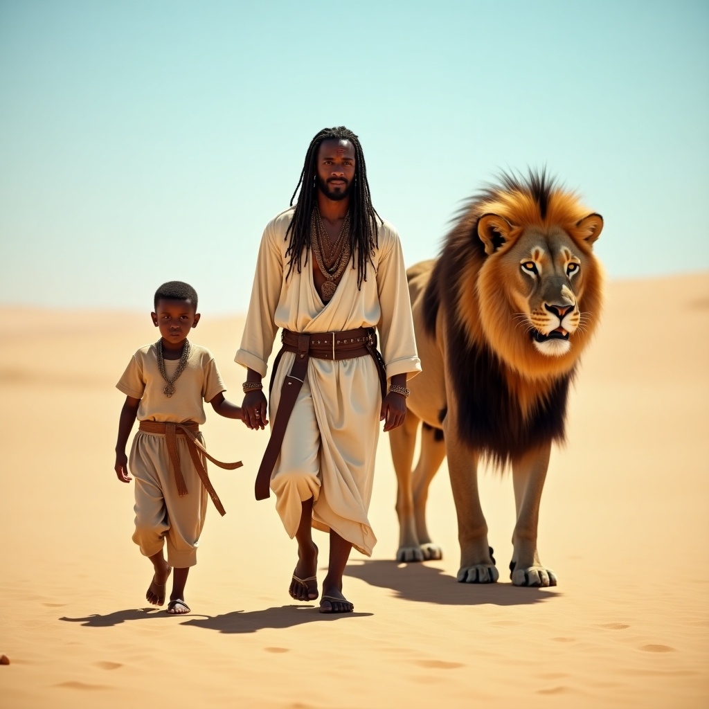 A man in traditional cream attire walks through a desert holding a child's hand. A large lion strides calmly behind them. The landscape is sandy under a blue sky, creating an awe-inspiring atmosphere.