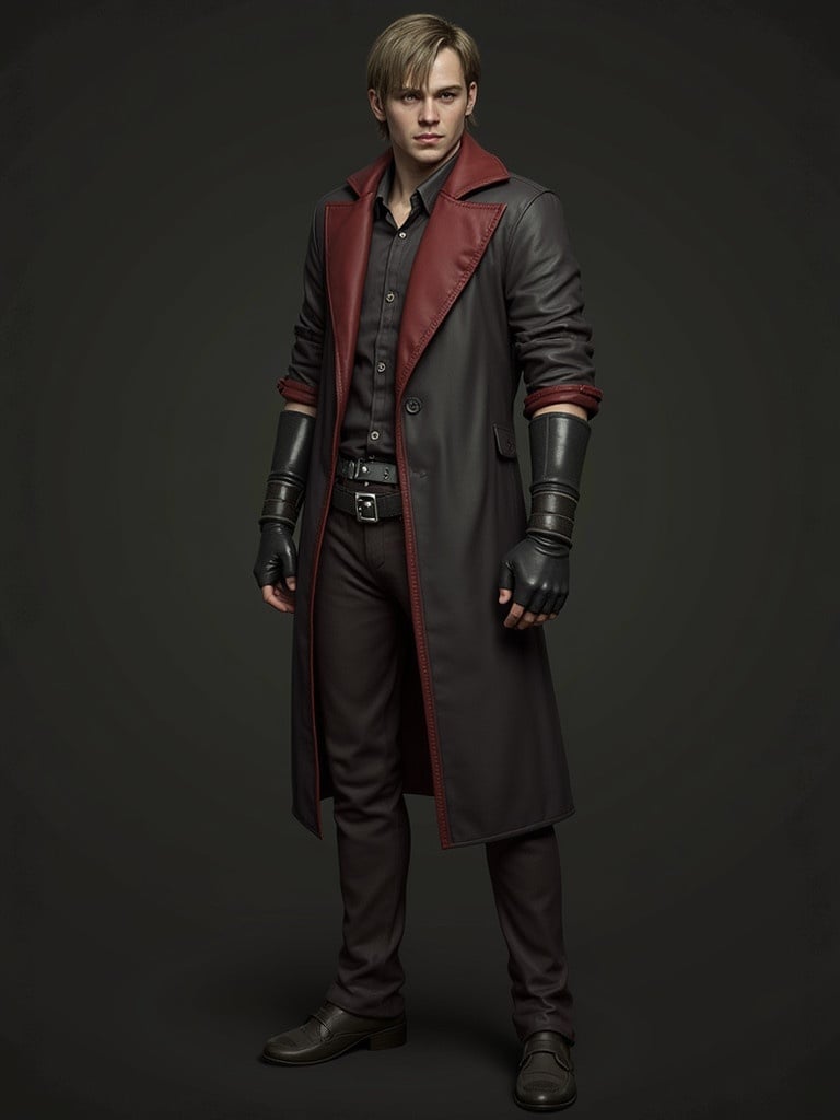 Character design inspired by Leon from Resident Evil 4. Dark leather coat with crimson accents. The character wears gloves and a belt. Overall a sleek and modern look. The setting is neutral to highlight the outfit.