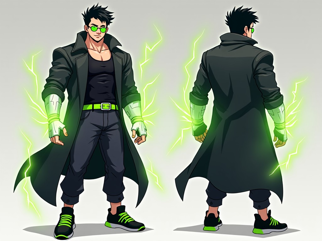 This image features a stylish superhero character designed in a modern animated style. He wears a long black trench coat over dark casual attire, with bright green highlights. His glasses and the glowing green energy emanating from his arms add a futuristic vibe. The character is shown from both the front and back, showcasing his outfit details. The green energy gives a dynamic feel, as if he is ready for action. The background is neutral, allowing the character to stand out dramatically. Overall, it conveys a sense of power and vibrancy perfect for a heroic theme.