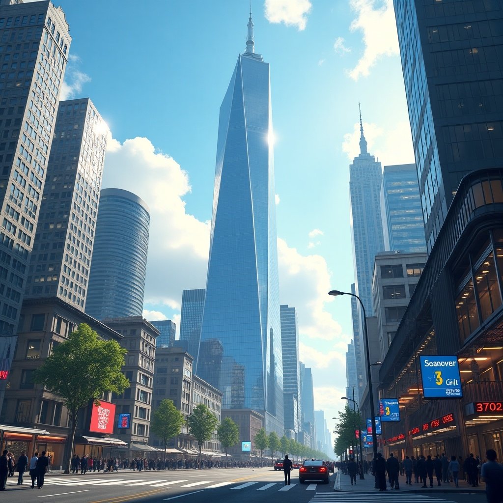 A busy street scene in New York City featuring One World Trade Center surrounded by skyscrapers and pedestrians