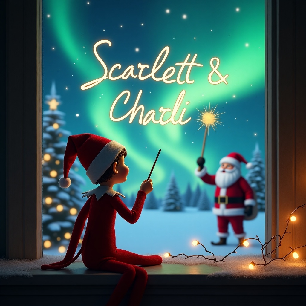 An enchanting scene showcases an elf sitting with his back towards the viewer, gazing up at the sky. He wields a wand, creating the names 'Scarlett & Charlie' in the starry sky. The backdrop is a magical winter landscape, illuminated by vibrant northern lights. In the distance, Santa Claus can be seen, adding to the festive charm. The atmosphere is filled with Christmas spirit, adorned with twinkling lights. This image captures the essence of holiday imagination and joy.