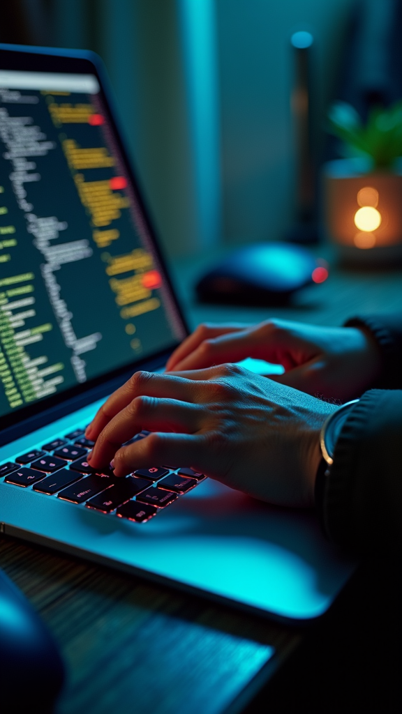 A laptop with illuminated code on the screen is being used by someone typing in a dimly lit room, with a soft candle glow and a plant in the background.