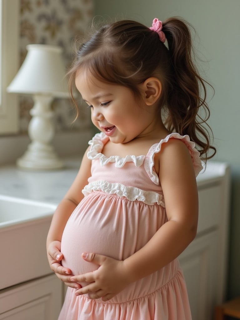 A child wearing a pink dress holds her big belly while playing in a cozy room. Soft natural light fills the scene highlighting the girl's cherubic features.