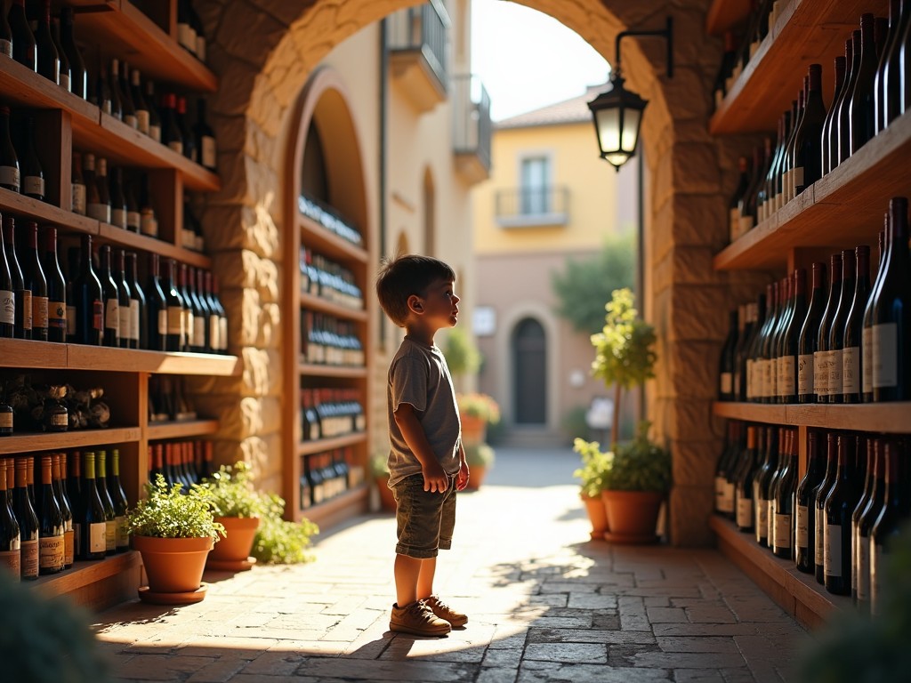 The image depicts a young boy standing in a wine store. He is illuminated by warm sunlight streaming through a beautiful archway. Shelves filled with various wine bottles line the walls, creating a cozy atmosphere. The boy looks amazed, taking in his surroundings. Potted plants add a touch of greenery to the rustic setting, enhancing the scene's charm. This captures a moment of curiosity and wonder in a wine aesthetic, perfect for family-oriented themes.