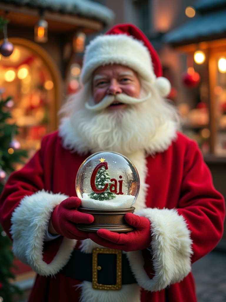 Christmas scene features Santa Claus in red and white suit holding a snow globe. Snow globe contains the name 'Cai'. Background shows a toy shop with festive decorations and glowing lights