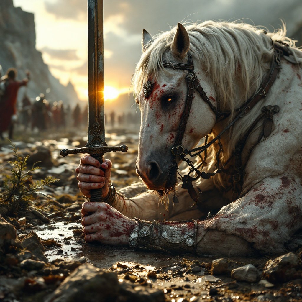 A warrior lies on the ground with a sword and a white horse nearby. The bright sunlight shines on their face. The background shows defeated enemies and rugged terrain. The scene is emotional, capturing strength and perseverance.