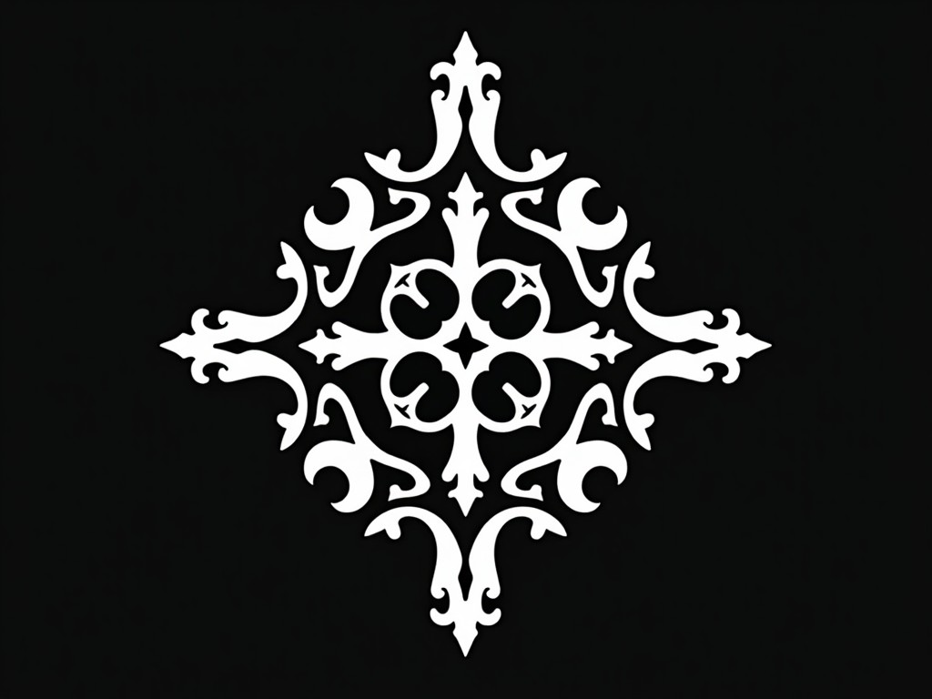 This image features a black and white logo that has a symmetrical and intricate design. The logo is centered and showcases stylized geometric shapes that create a visually striking pattern. The contrast of black against white emphasizes the details of the artwork. This design could be utilized in various applications, such as branding or product packaging. The overall look is modern and elegant, appealing to a variety of industries.