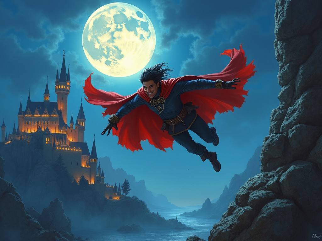 A gaming character gracefully flies through the air, draped in a vibrant red cape that flutters behind him. The backdrop features an enchanting castle illuminated by warm lights, set against a dramatic night sky. A full moon casts a mystical glow over the scene, amplifying the sense of adventure. The character appears heroic and dynamic, captured in mid-flight, and the overall style resembles detailed fantasy art. This image serves as an engaging promotional piece that draws viewers into a world of imagination and excitement.