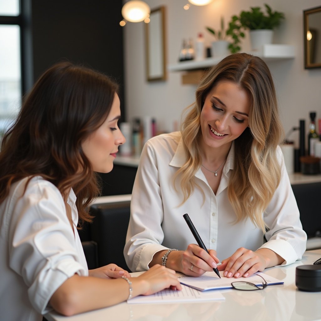 Modern beauty salon setting with two women writing down a client consultation card together. White and sleek interior design. Focus on collaboration and professionalism.