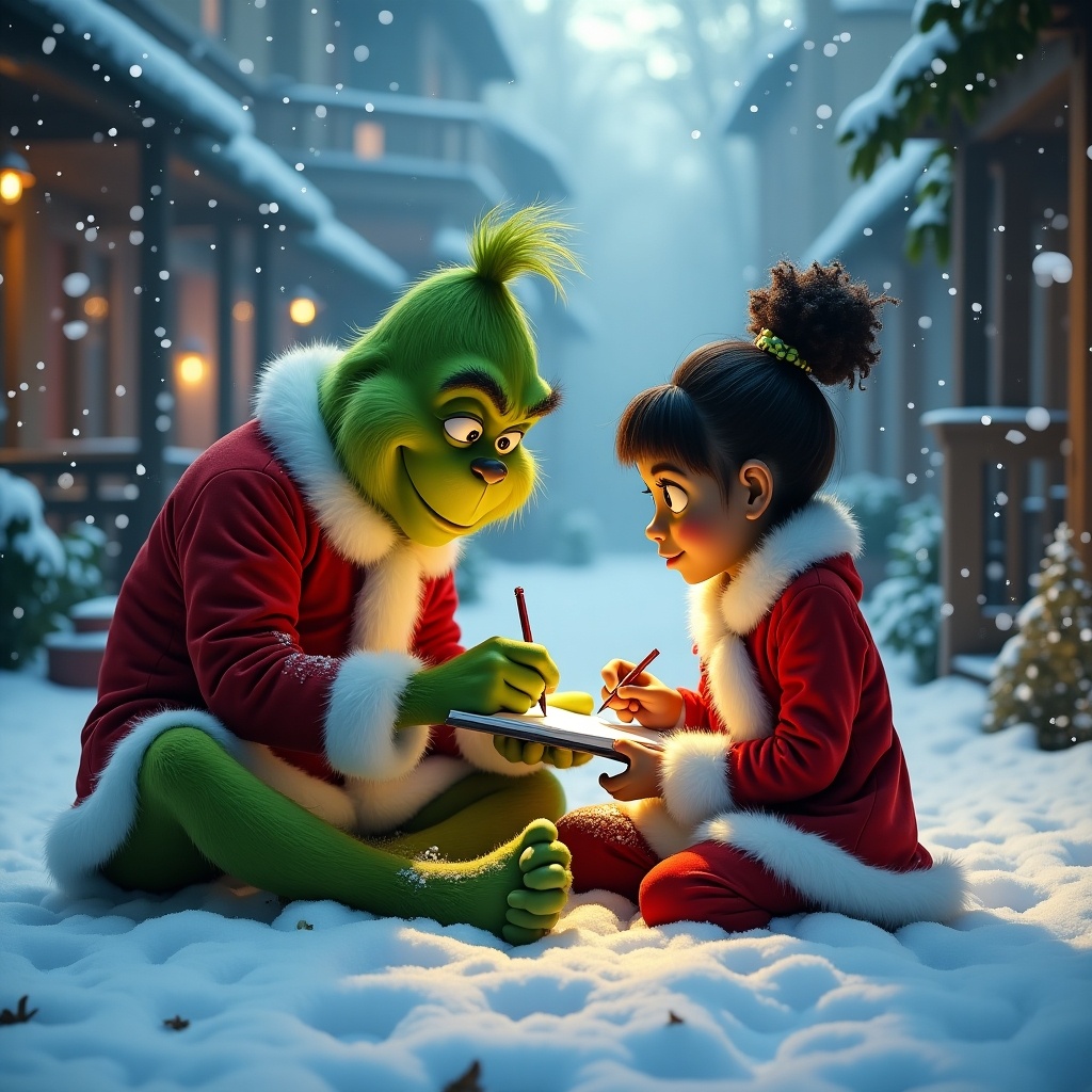 In a snow-covered scene, the Grinch is seated on the ground next to a young girl, both dressed in festive red outfits with white trim. They are engaged in writing the name 'Tiana' in the snow, showcasing a moment of creativity and joy. Flakes of snow softly fall around them, creating a magical winter setting. Their expressions convey warmth and happiness, capturing the essence of the holiday spirit. Surrounding them are cozy cottages illuminated by golden lights, adding to the enchanting atmosphere.