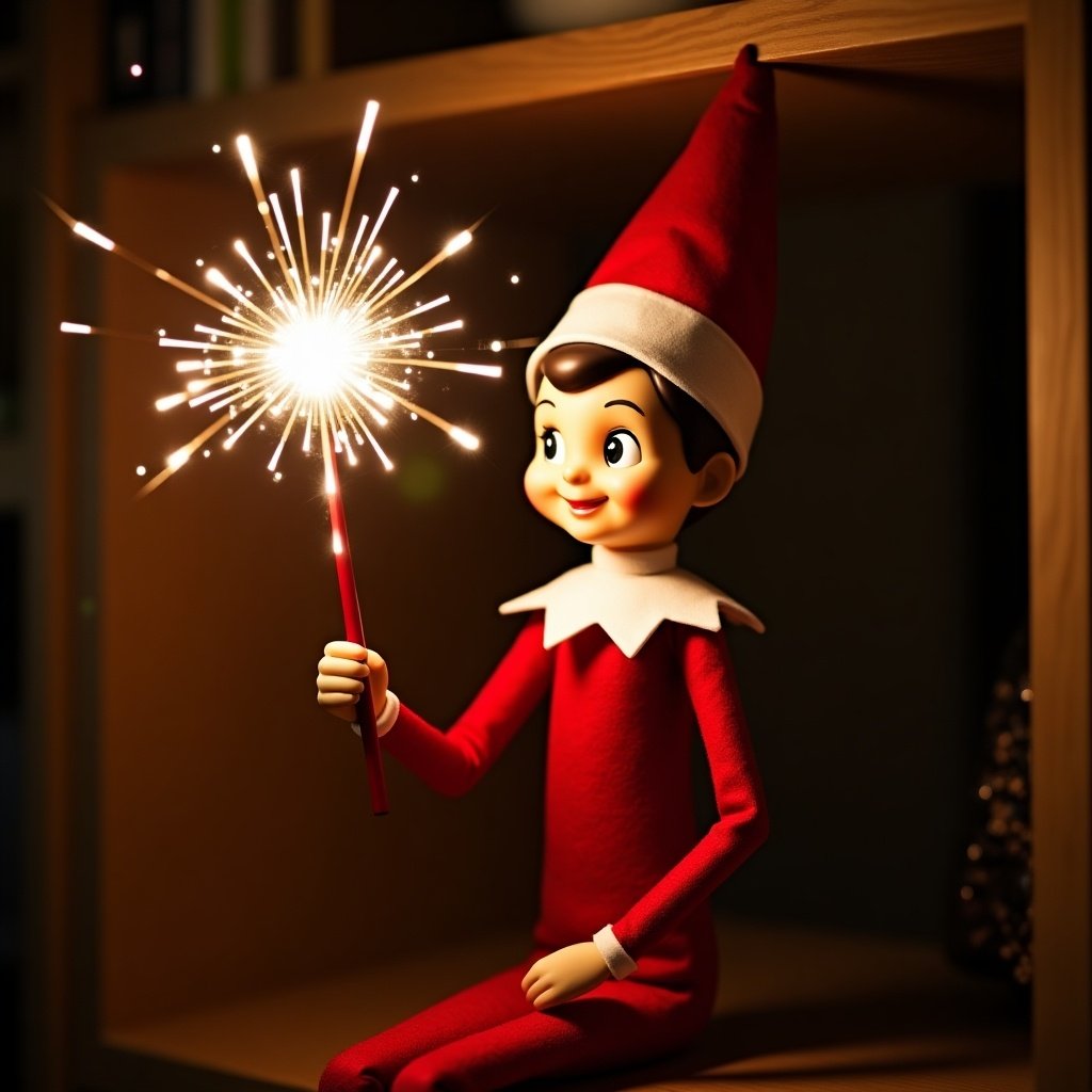 This image depicts a charming red girl elf on a shelf, embodying the holiday spirit. She is wearing a classic red outfit with white accents and has a joyful expression. In her hand, she holds a glowing wand that emits sparkling light, creating a magical atmosphere. The warm lighting enhances her cheerful demeanor and festive aura. The background is softly blurred, emphasizing the elf as the main focus.