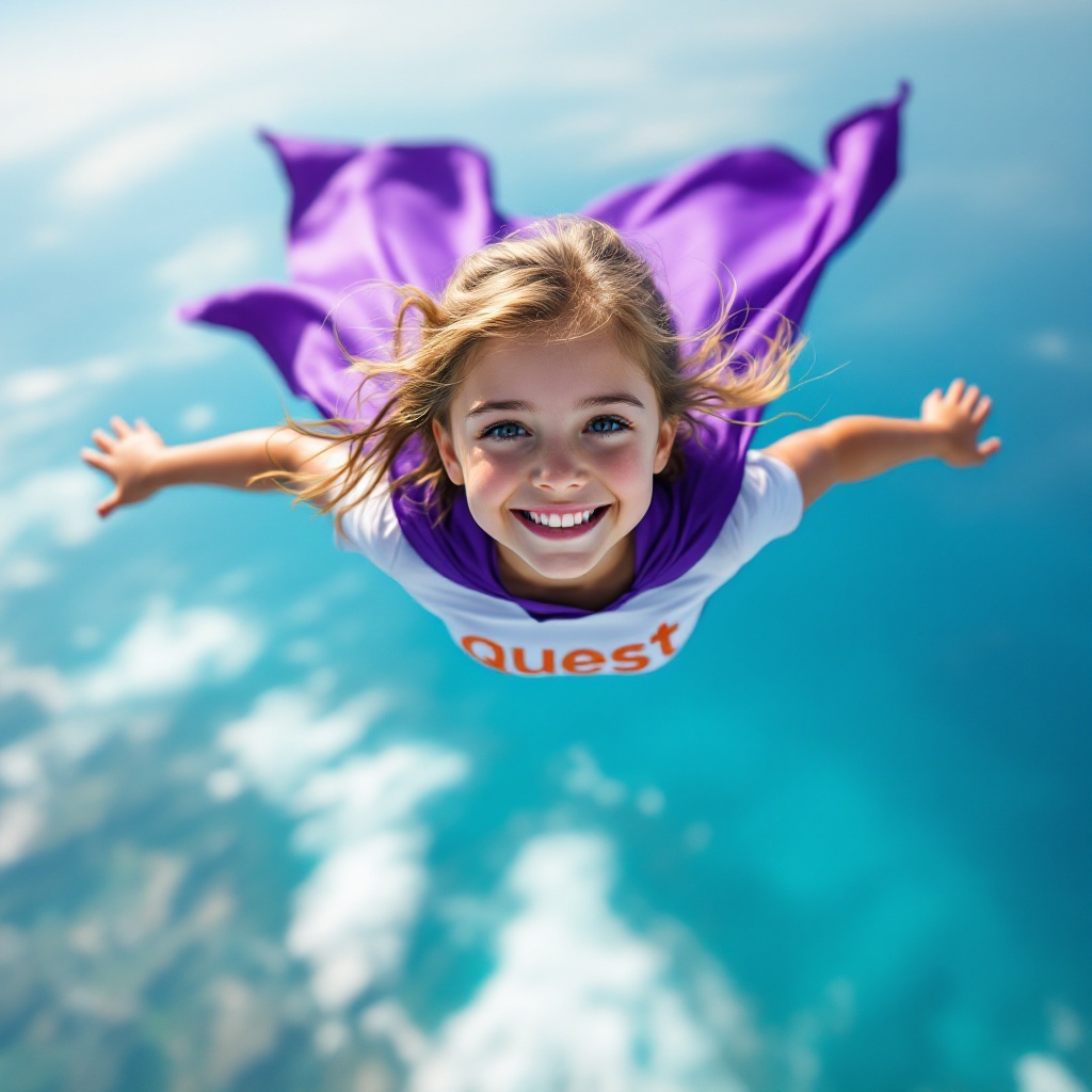 A girl around five years old flies at low altitude with a purple cape over a Tiffany blue sea. She appears happy and confident, wearing a shirt that says quest.