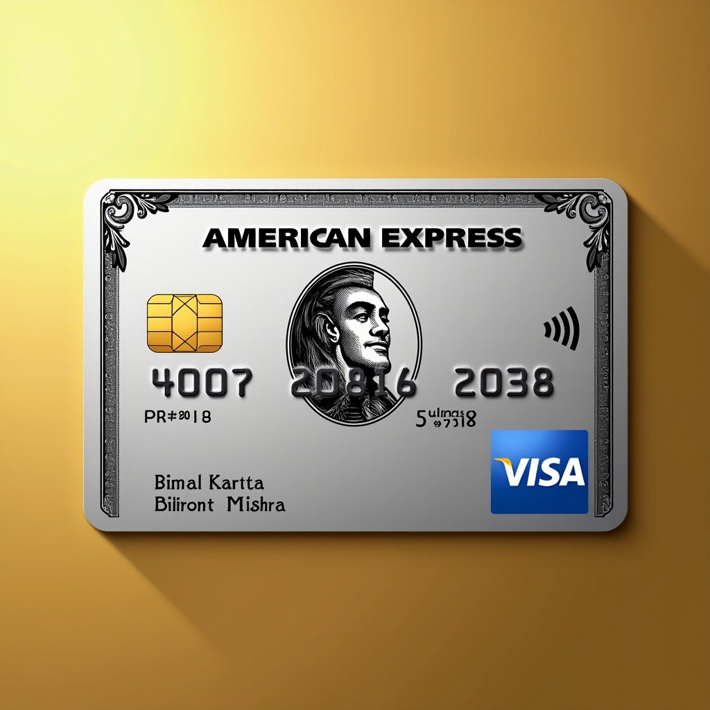 Realistic image of a platinum American Express credit card with Visa logo. Cardholder name Bimal Kanta Mishra and expiry date March 2028 are visible. Gold background and bold black font create modern elegance.