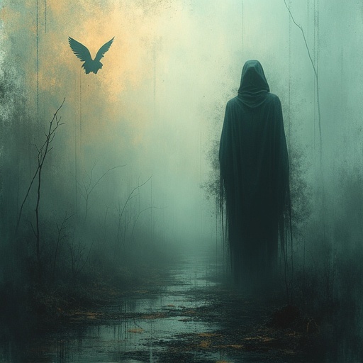 Abstract interpretation featuring a cloaked figure in misty surroundings with a bat flying overhead. Image portrays dark colors, gradients, and a moody atmosphere. Captures feelings of oblivion and foreboding in an expressionistic style.