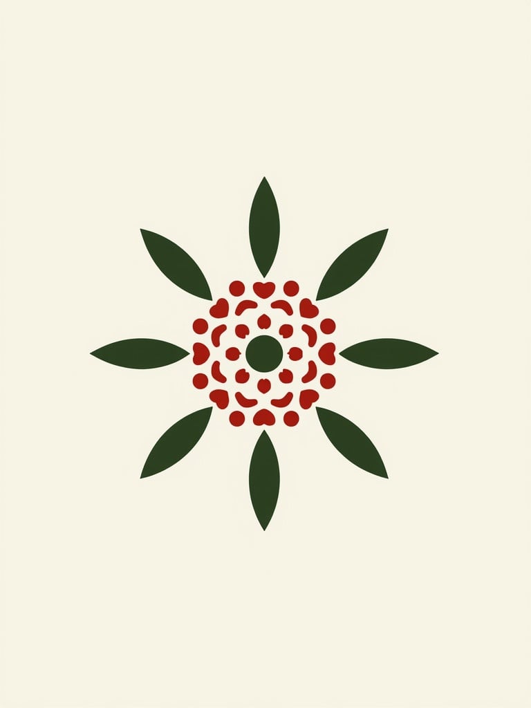 Design features a symmetrical flower icon. Central design is surrounded by petal shapes. Colors include greens and reds against a cream background. Evokes nature and artistry.