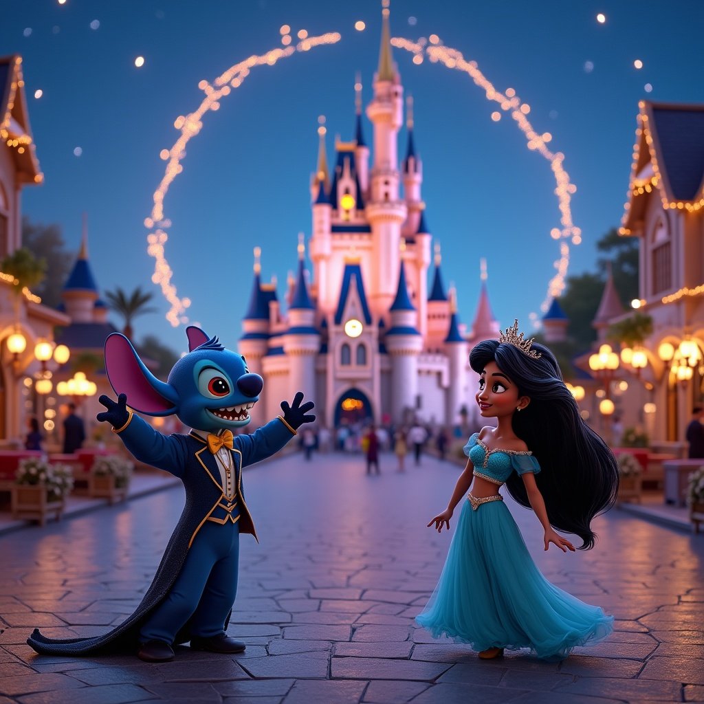 A Christmas scene features a Disney castle adorned with lights. Miguel and Jasmine celebrate joyfully in front. The atmosphere is festive and enchanting. Bright colors and a magical backdrop create a delightful mood.