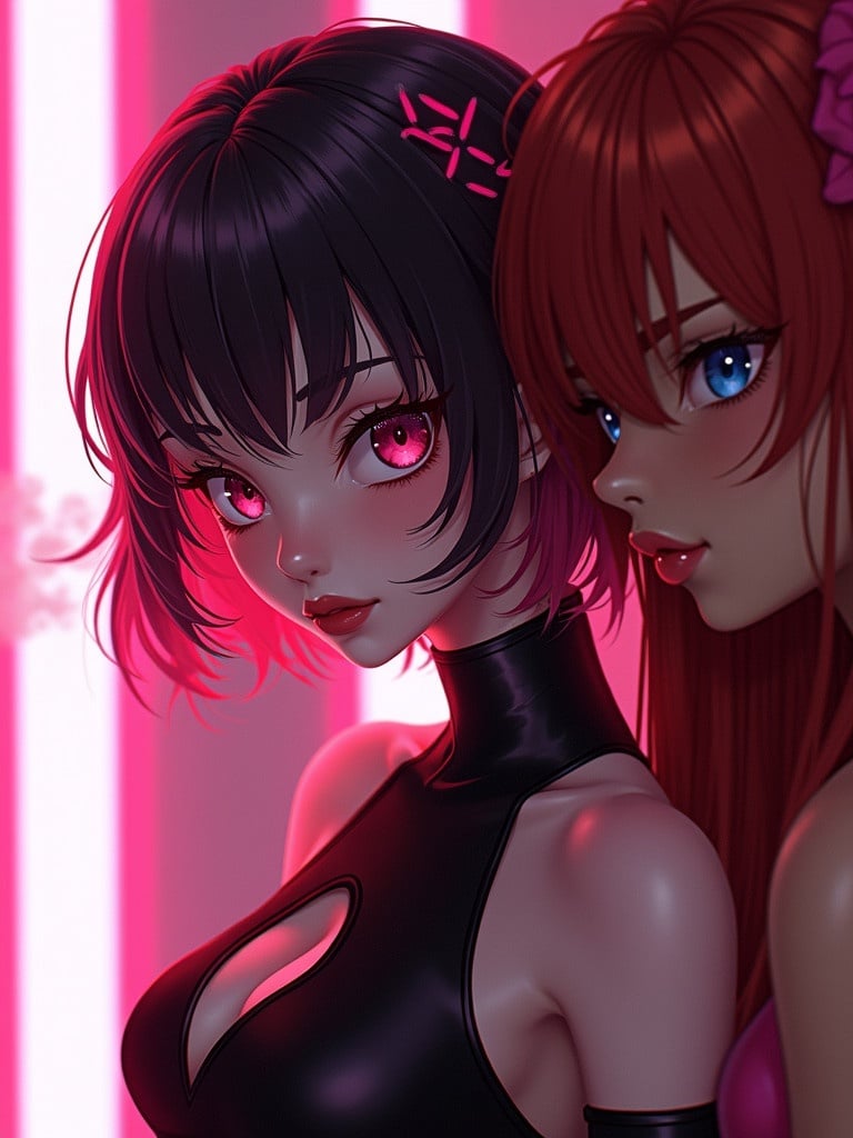 A girl with short pink and black wavy hair is smoking. A bright flashing light is in the background. She wears a black and pink outfit with matching lip gloss. She looks at the camera. Next to her is another girl with long red hair, wearing a red and white outfit and brown lip gloss. Both have good quality visuals.