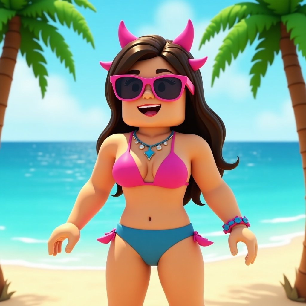 Image shows a Roblox-style character wearing a bikini. The character has a playful expression. Background features a beach with palm trees and an ocean backdrop. Character wears accessories like sunglasses and jewelry.