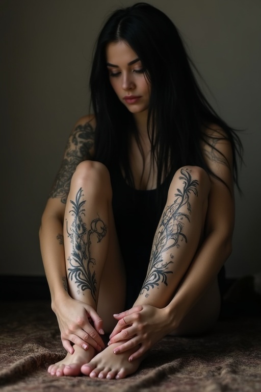 Mature goth woman has long black hair. She is sitting on a soft surface. Her tattooed legs are visible. Bare feet are placed on the floor. The tattoos are detailed and artistic.