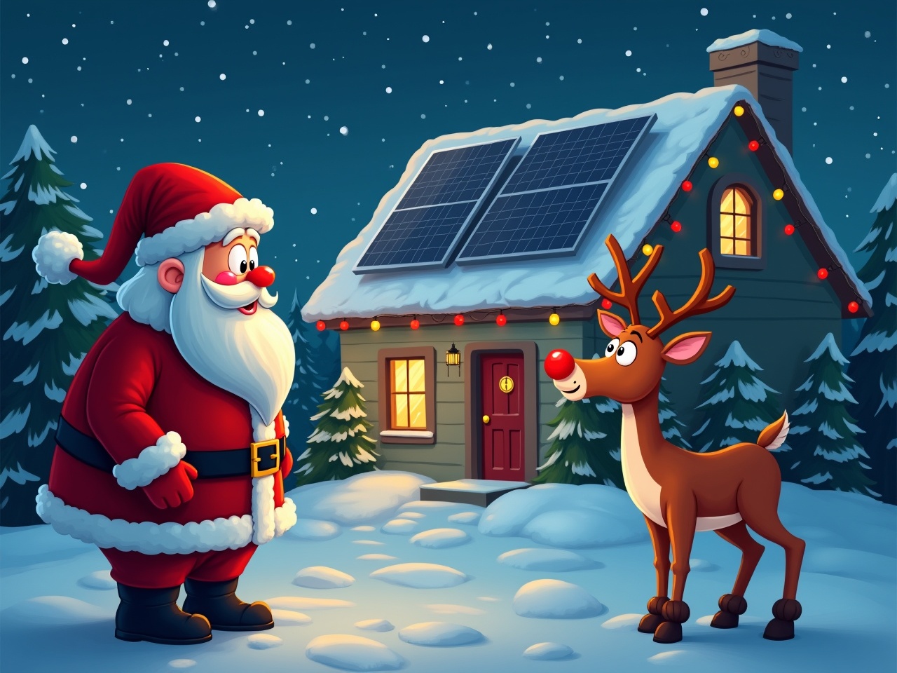 Scene with Santa Claus and Rudolph in front of a house decorated with Christmas lights and solar panels. The house is surrounded by snow-covered trees. It's a cartoon style illustration.