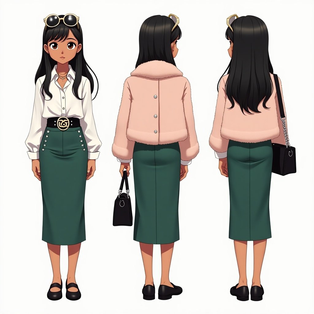 Character sheet in anime style featuring a young girl. She has long beautiful black hair and brown eyes. Outfit includes a high-waisted midi pencil skirt in deep emerald green. She wears a crisp white blouse with slightly puffed sleeves and oversized silver buttons. A wide black statement belt cinches the waist. A cropped faux fur coat in soft blush pink drapes over her shoulders. Accessories are a black leather handbag with a silver chain strap, round sunglasses on her head, and layered delicate gold necklaces. Displayed in front side back views.