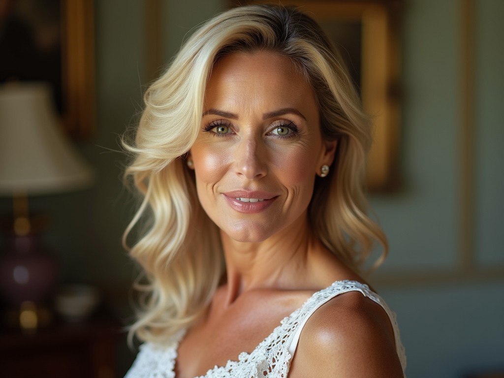 This image portrays a woman with blonde hair styled in soft waves, wearing a white lace top. She is elegantly posed in a warmly lit interior, with soft, natural light highlighting her features and creating a serene ambiance. The background is slightly blurred, emphasizing the subject's graceful expression.