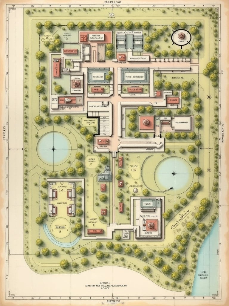 Detailed plan of a farm layout. Includes stables, dormitories, greenhouses. Shows water facilities and pathways. Features green spaces. Sections for dairy unit, pond, crop production area. Labels indicate crops and structures. Engineering drawing with views and dimensions. Displays house layouts of 6 x 8 squares each.