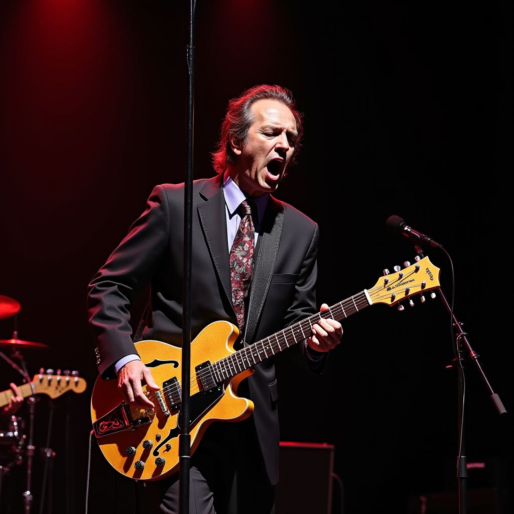 A musician passionately performing on stage with an electric guitar under dramatic red lighting.