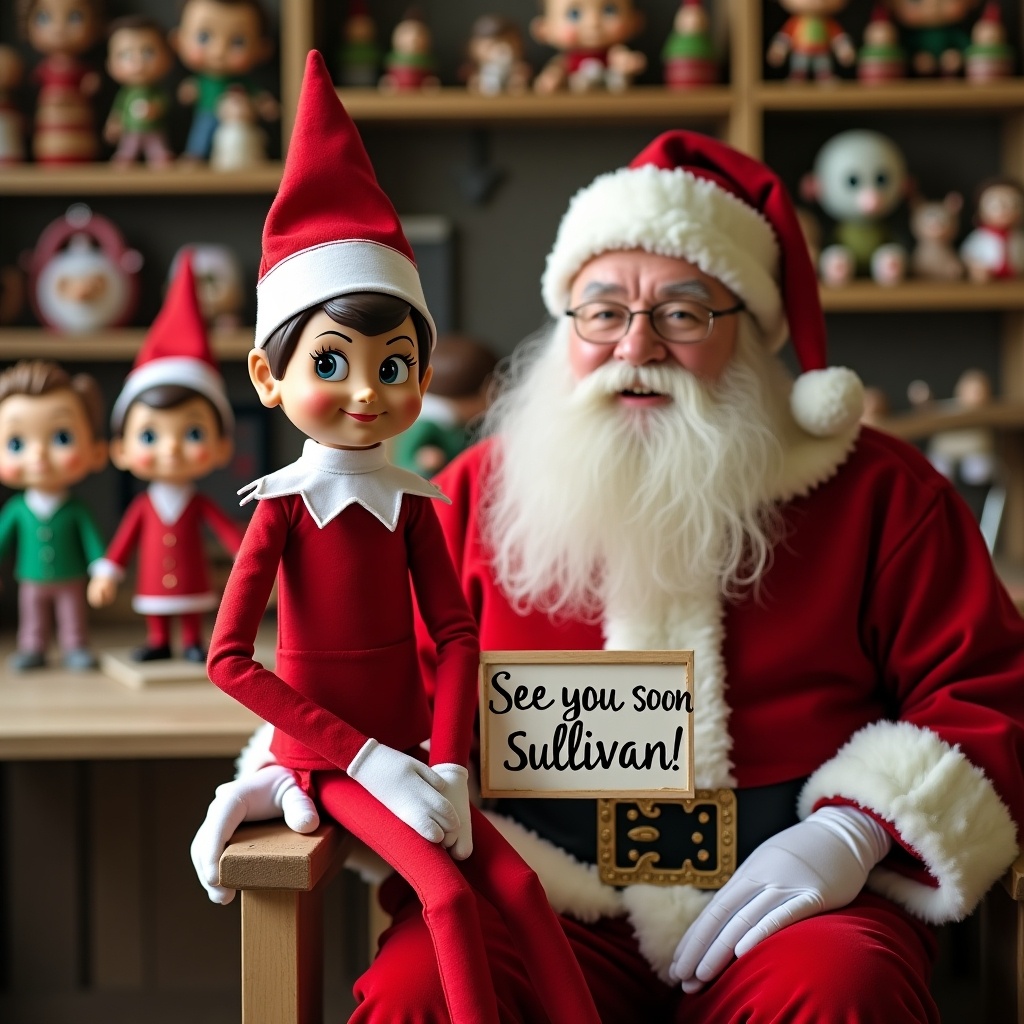 Girl elf in red outfit with white trim holding a sign in a toy workshop with Santa. Funko Pops being made in the background. Sign says 'See you soon Sullivan!'