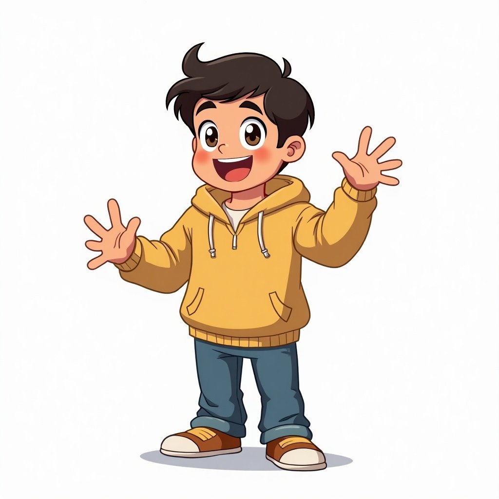 Image features cheerful anime-style character ready for turn-around sheet. Character displays excitement with arms raised. Styled in a yellow hoodie and blue jeans. Focus on features without identifying facial details.