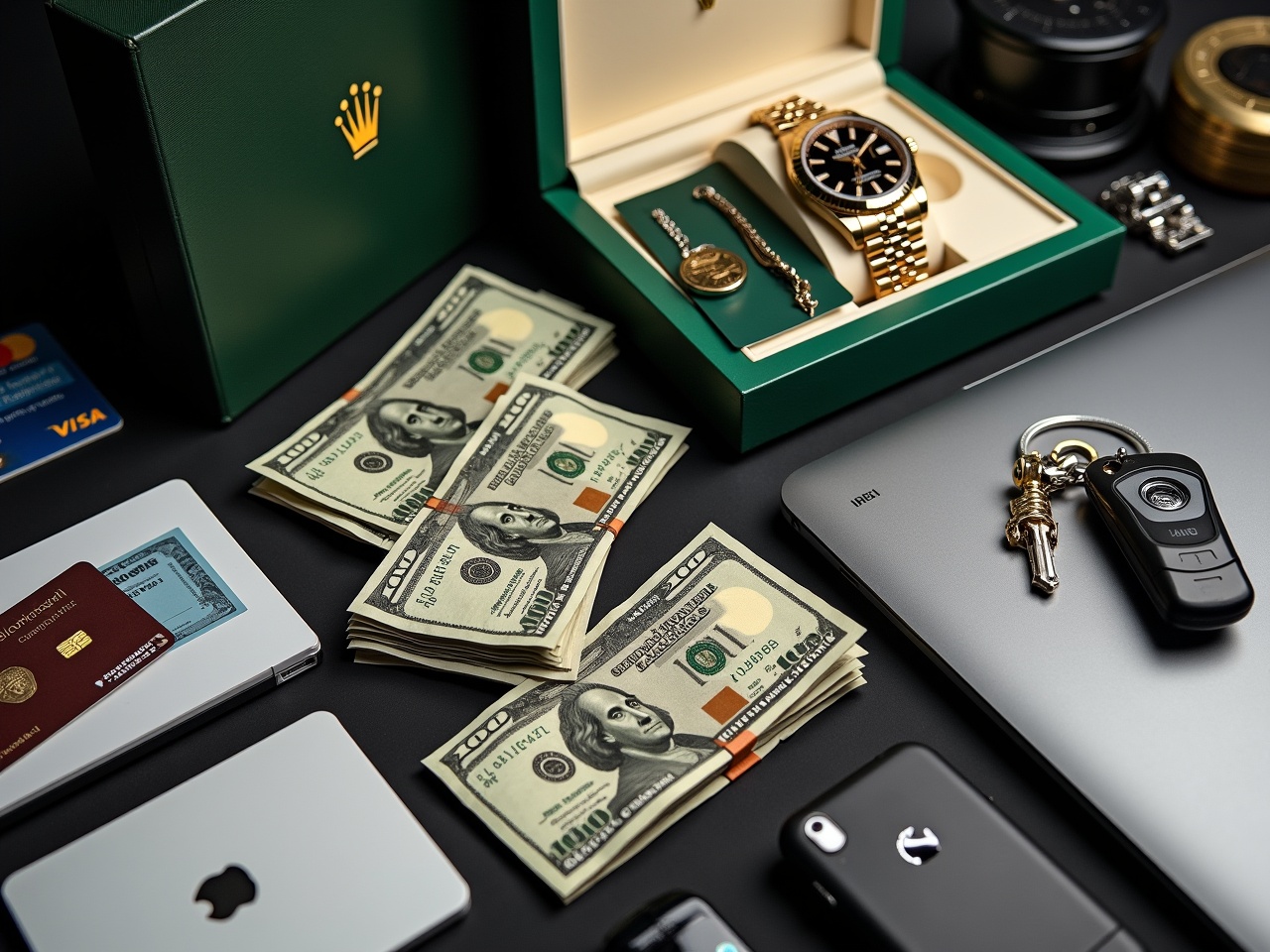 The image showcases an assortment of luxury items arranged neatly. A Rolex watch is prominently displayed in its green box, alongside a spare link and a pendant. Several stacks of hundred dollar bills are visible, suggesting wealth. There are also credit cards, including an American Express card, indicating a high-status financial lifestyle. Additionally, a sleek laptop with an Apple logo is present, along with a Mercedes car key and some other accessories. The aesthetic communicates affluence and luxury.