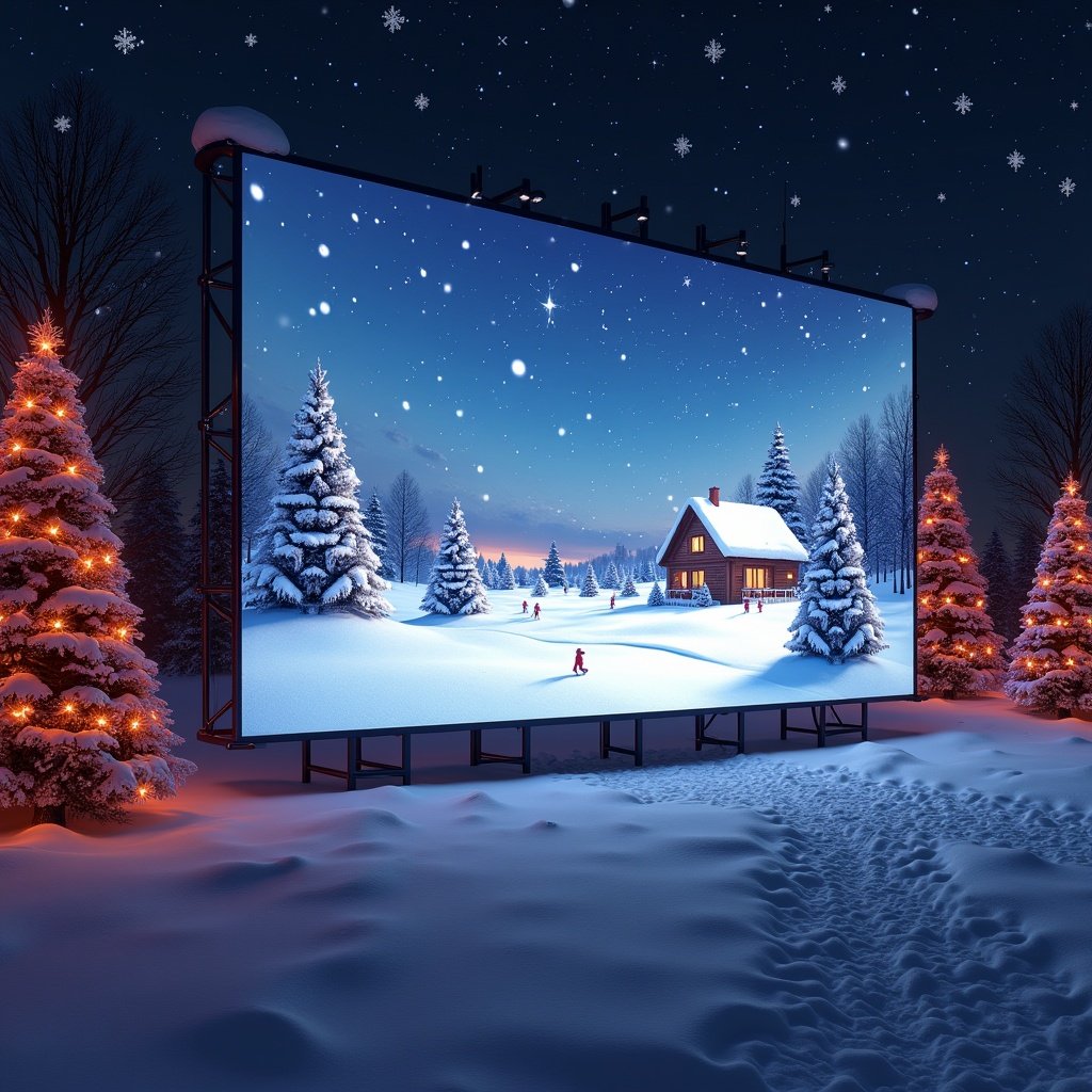 Design for animated Christmas celebration. Scene shows snowy landscape with a cabin. Large screen displays winter scenery. Trees are decorated with lights. Starlit sky enhances the festive atmosphere.