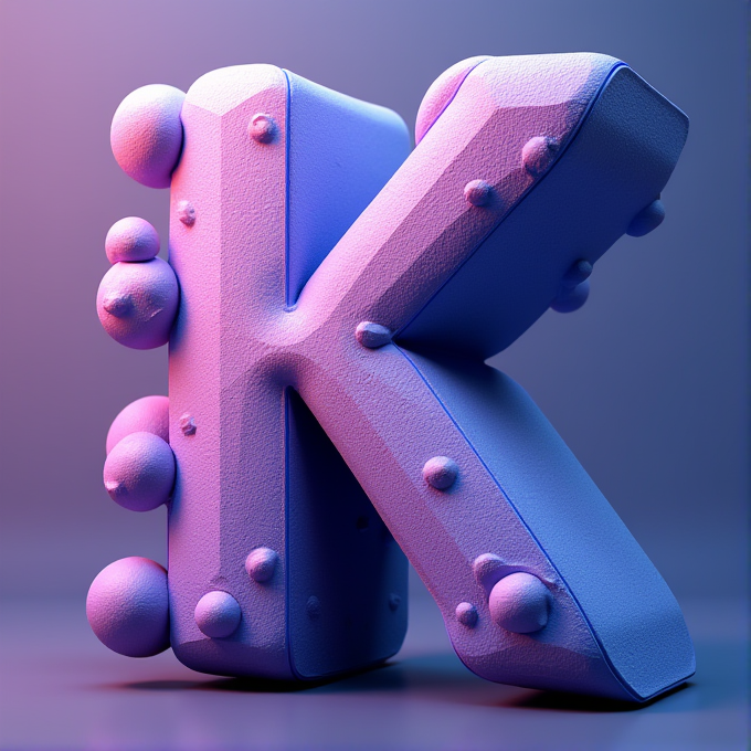 A 3D letter 'K' with a bumpy, textured surface in soft purple and blue lighting.