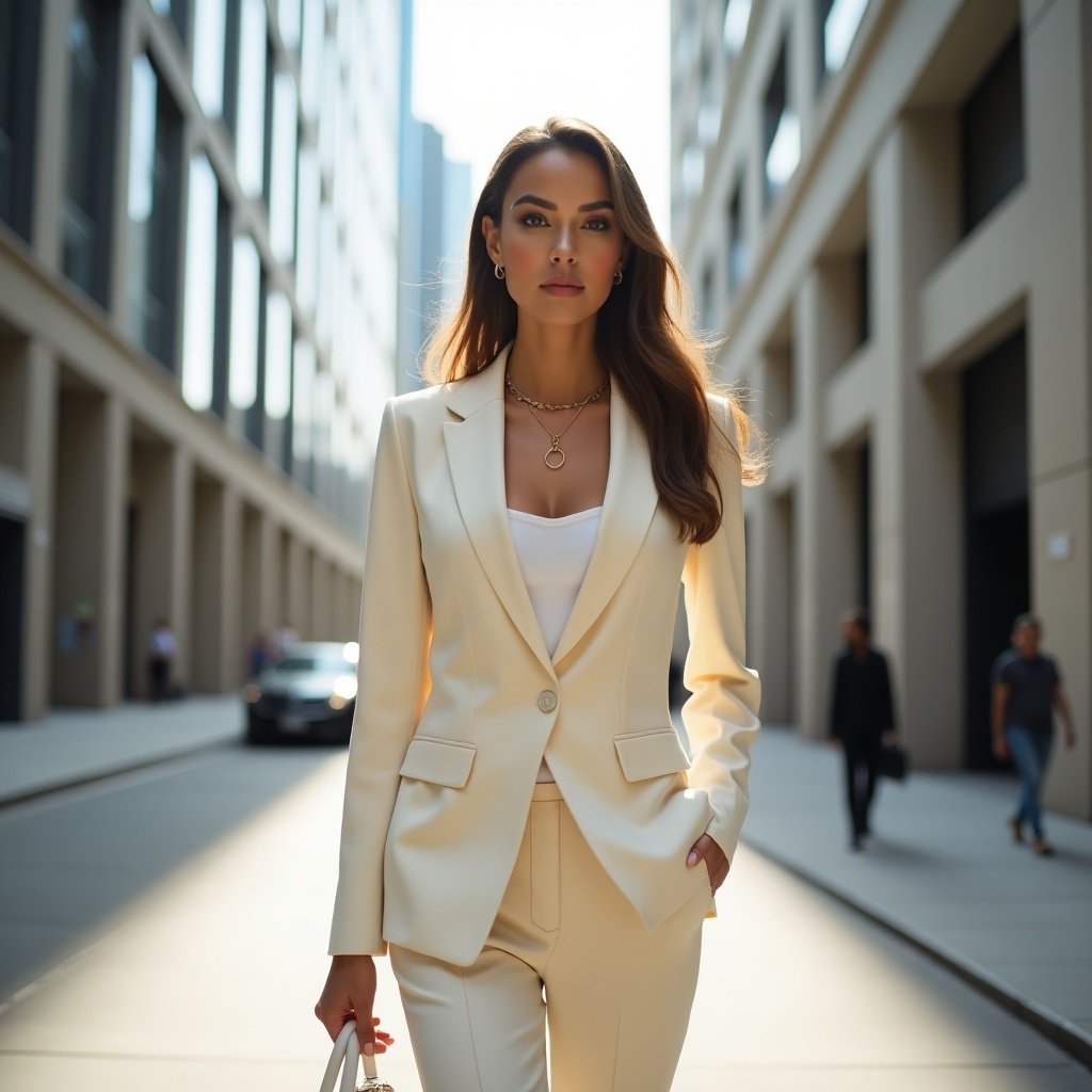 A poised woman confidently walks in an urban setting, dressed in a chic cream-colored suit. Towering modern buildings frame the background, while the bright daylight casts crisp shadows. Her composed expression and professional attire suggest a blend of modern sophistication and elegance. A delicate necklace adds a touch of refinement to her look. The overall scene embodies a sense of empowerment and style in a bustling city environment.