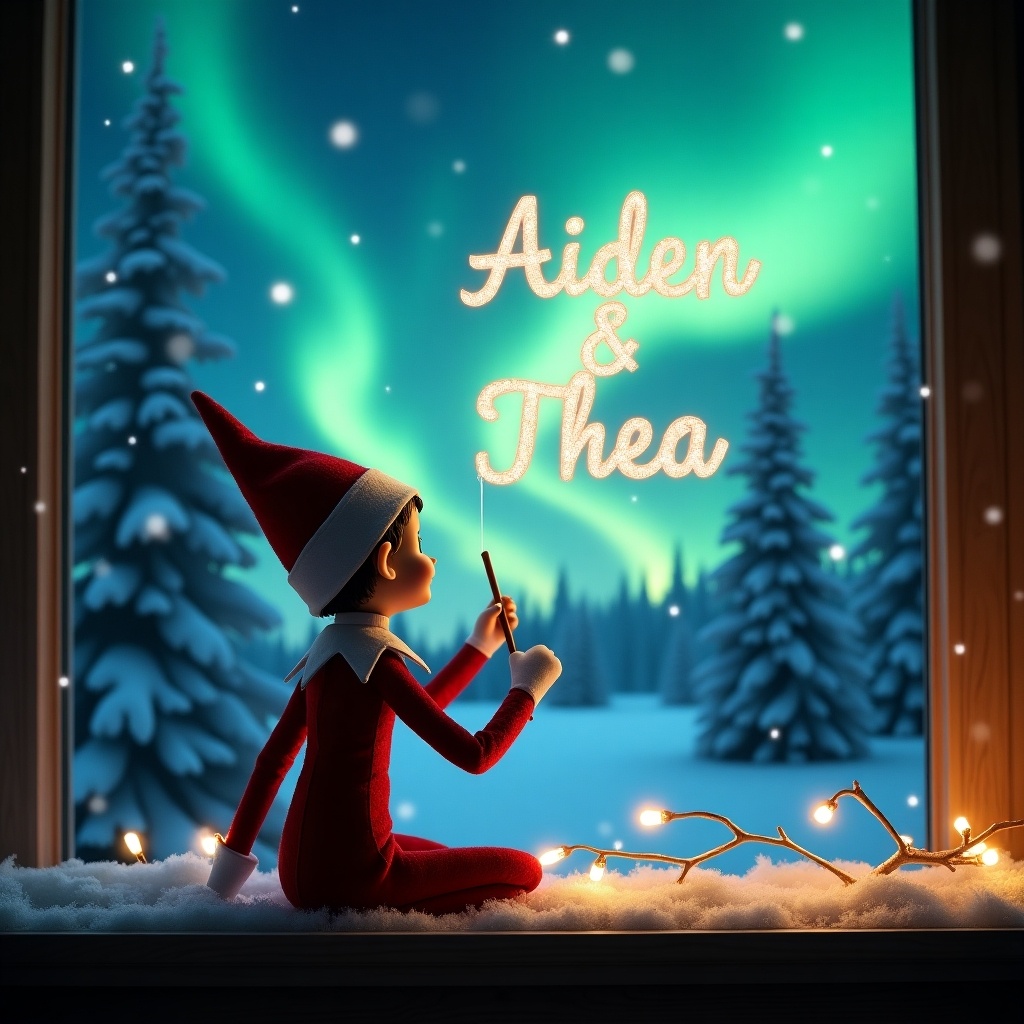 The image captures an enchanting scene during the Christmas season. An elf on the shelf, with its back to the viewer, holds a wand pointed towards the sky. The elf is writing the names 'Aiden' and 'Thea' in elegant, sparkly letters. Behind the elf, a breathtaking display of northern lights illuminates the night sky. Snow-covered trees stand majestically in the background, enhancing the winter wonderland atmosphere. This whimsical scene embodies the magic and joy of the holiday season, evoking feelings of wonder and festivity.