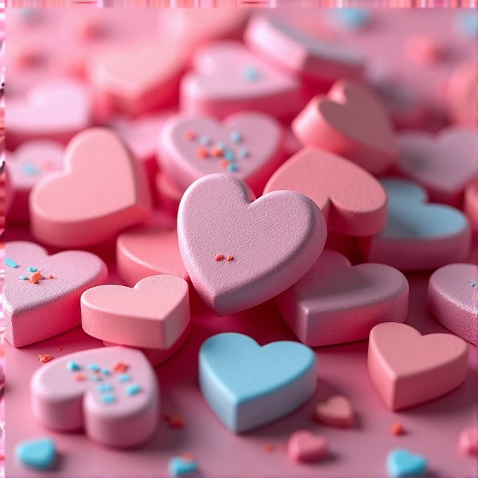 The image shows a pile of pink and blue candy hearts on a pink surface.