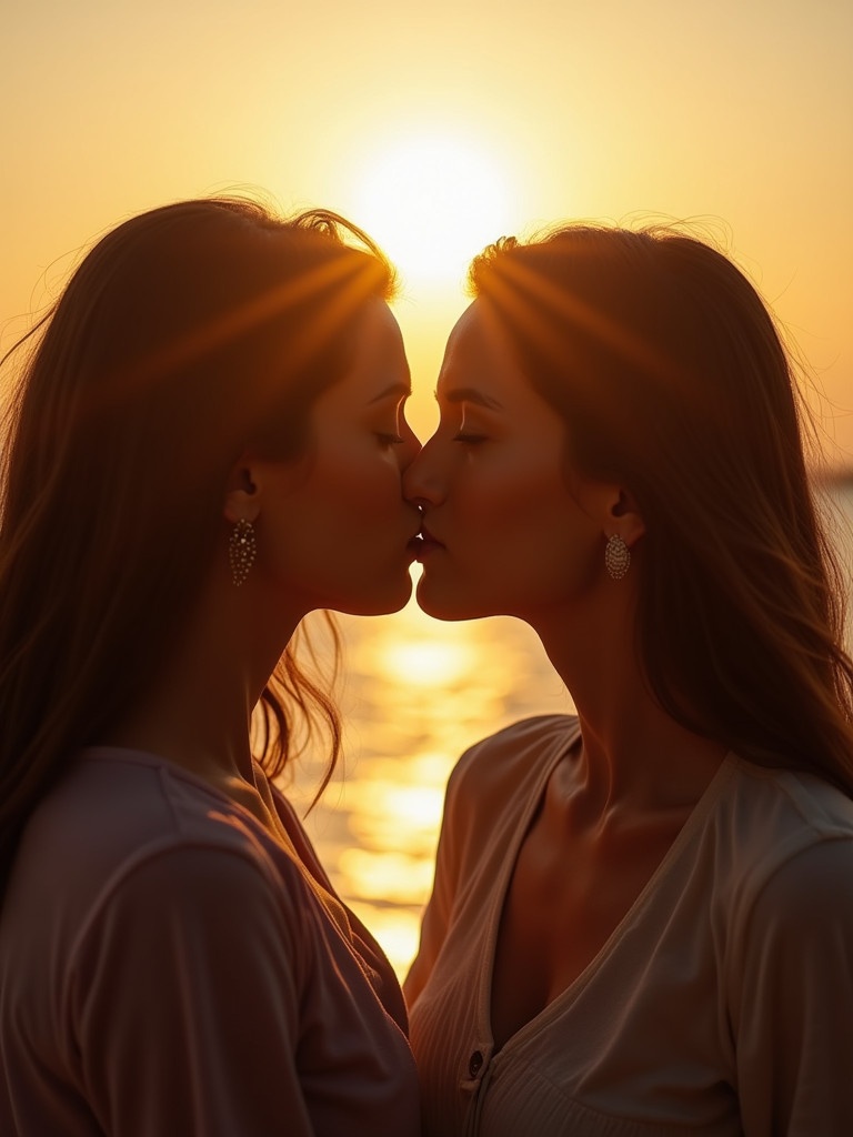 Two women share a gentle kiss. The setting sun creates a warm light. The background reflects in soft colors. Intimacy is prominent in the scene.