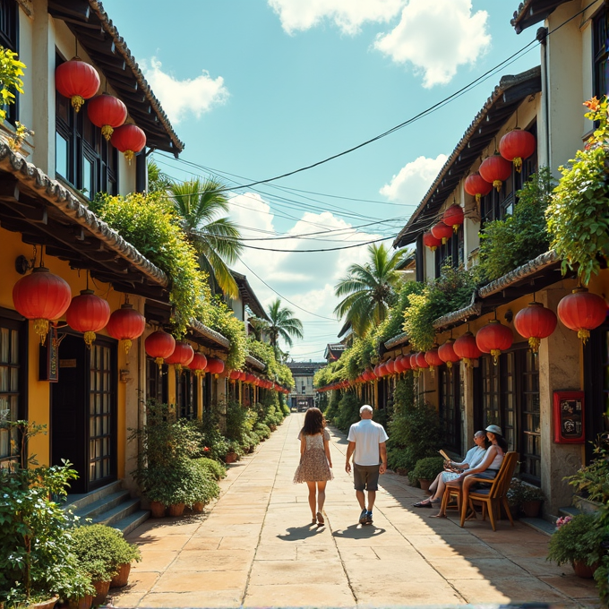 A couple walks down a charming street decorated with red lanterns and lush greenery.