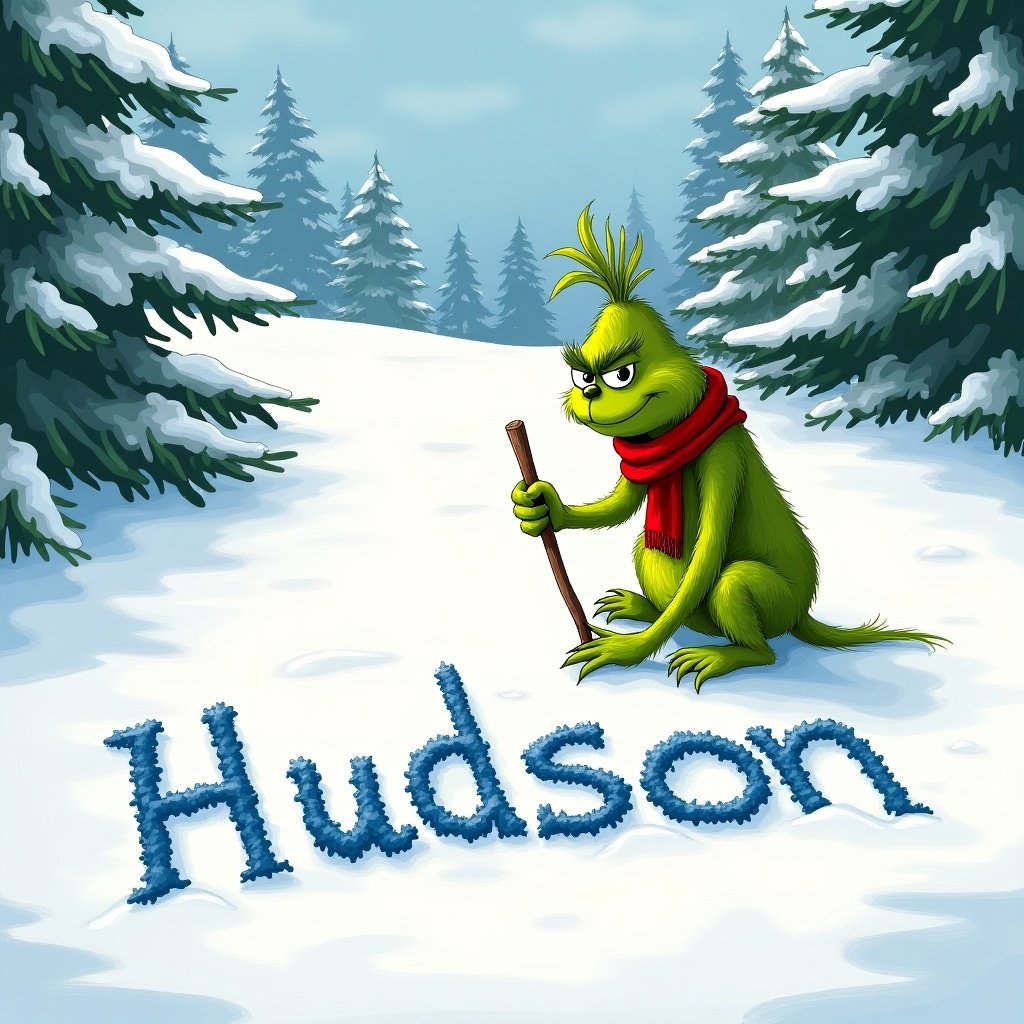 The Grinch writes the name Hudson in the snow with a stick. Snow-covered hills surround the scene. Evergreen trees frame the landscape. The Grinch is green and wears a red scarf.