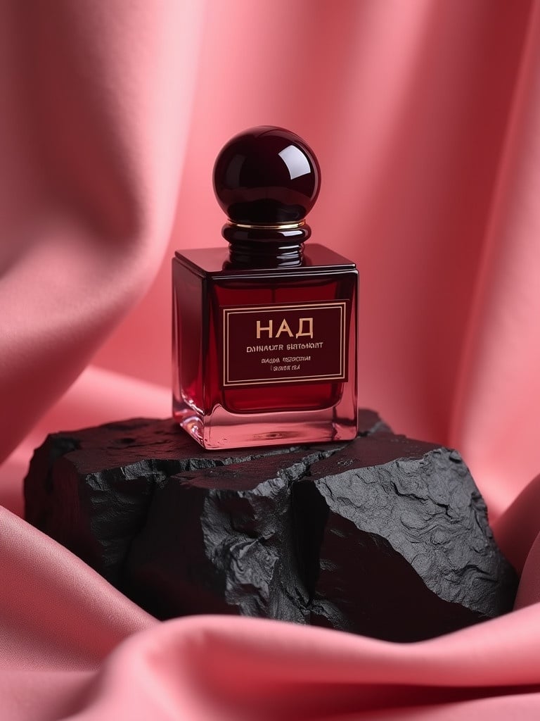 Perfume bottle on black rock. Luxurious design. Deep red color, classic shape. Soft pink fabric background. Soft diffused lighting highlights contours. Label reads 'Маринаs Прадакшн кастинг ворлд'. Essence of elegance and beauty.