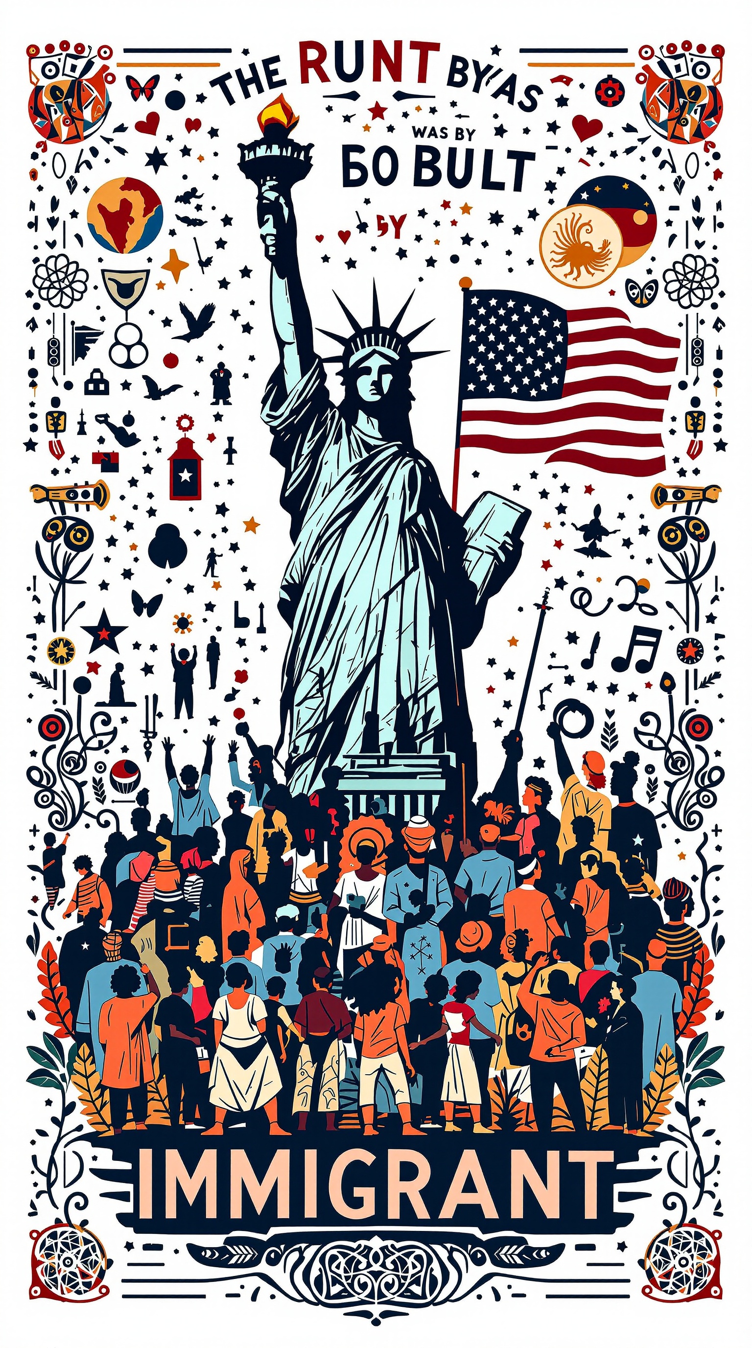 Visual illustration depicting immigrants contributing to America. Image symbolizes diversity and collaboration. Includes American heritage symbols and cultural elements. T-shirt design graphic with a vector style on a white background.