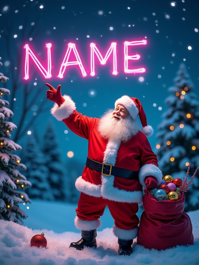 Cheerful Santa Claus in vibrant red suit. Santa writes in the night sky using a colorful glow pen. Cozy winter landscape with snow-covered trees. Soft lighting enhances the festive mood. Colorful ornaments fill Santa's sack. Scene evokes magic and wonder. Glowing text adds whimsical touch. Perfect for holiday celebrations.