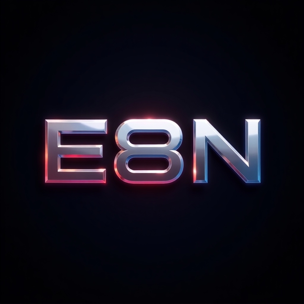 The image features a modern logo, prominently displaying the characters 'E8N'. It has a sleek and metallic style, emphasizing a futuristic and gaming aesthetic. The color scheme consists of light colors, with soft blue and pink tones shining against a dark background. The letters have a reflective quality, adding depth and sophistication to the design. This logo is perfect for gaming-related branding or merchandise.