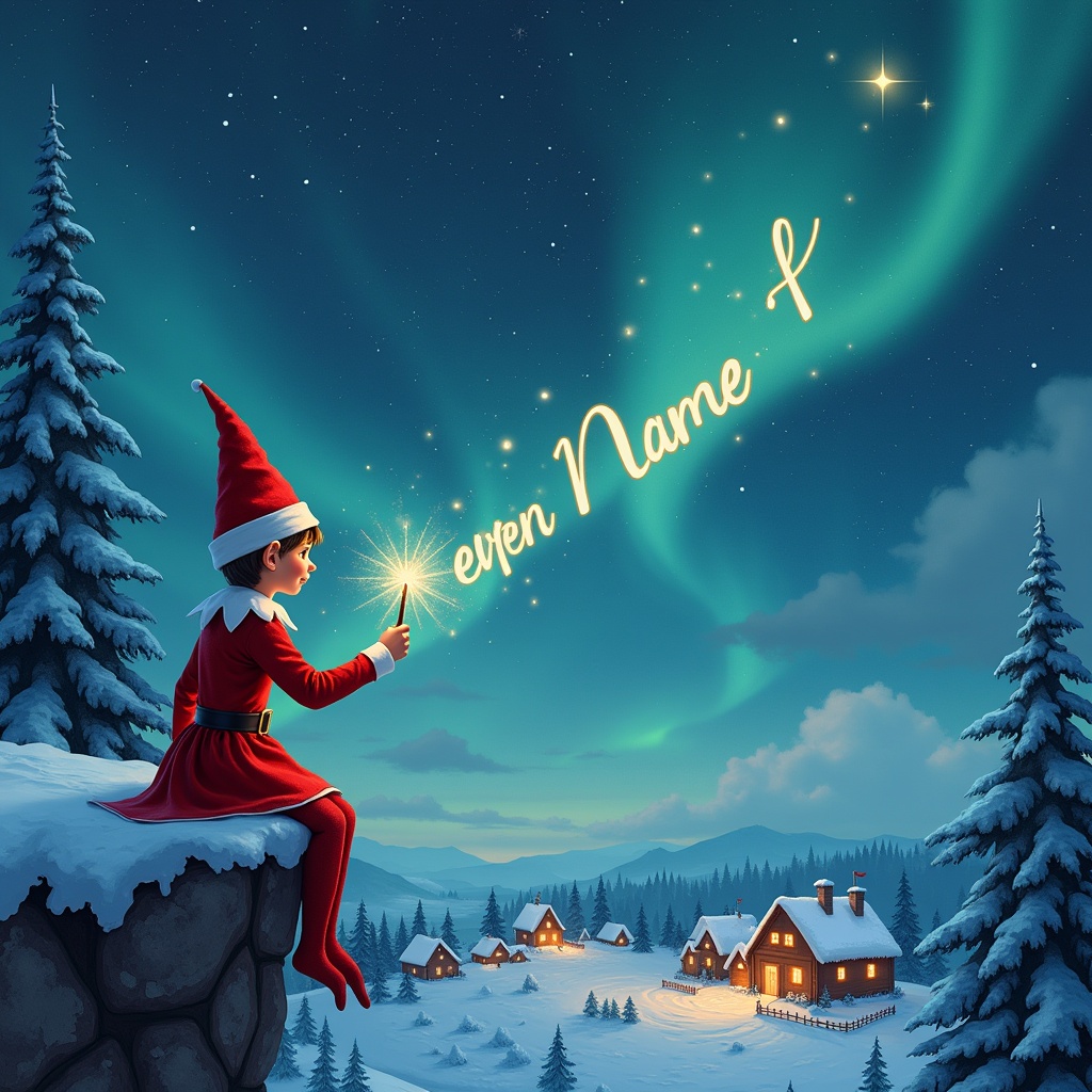 An elf writes names in a magical night sky. The elf is on a ledge dressed in red with a pointed hat. It holds a wand creating shimmering letters. Below is a snowy landscape with houses and trees illuminated by Northern Lights. The atmosphere is rich in childhood magic and Christmas spirit.