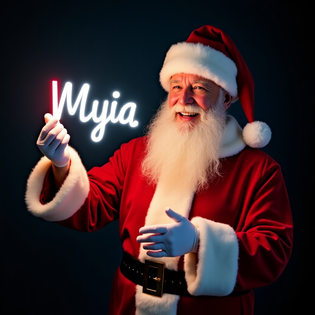 This image features Santa Claus wearing his traditional red and white suit. He is holding a glow stick that forms the name 'Myia' in bright light. Santa's expression is jolly, exuding warmth and holiday cheer. The background is dark, enhancing the glow of the text. This festive scene captures the magic of Christmas and the joy of the season.