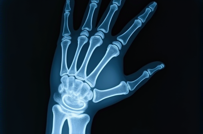 An X-ray image showing the bones of a human hand in detail on a dark background.